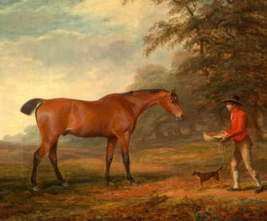 A Bay Horse Approached by a Stable-Lad with Food and a Halter Signed and dated in brown paint,