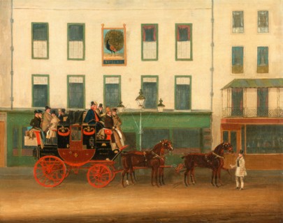 The London-Manchester Stage Coach, â€úthe Peveril of the Peak,â€ù outside the Peacock Inn,