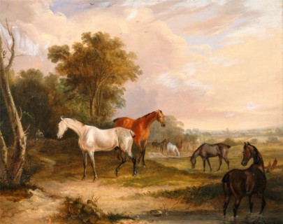 Horses Grazing: a Grey Stallion Grazing with Mares in a Meadow Mares and Foals Signed and dated in