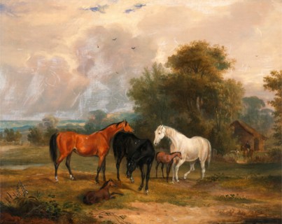 Horses Grazing: Mares and Foals in a Field Mares and Foals Signed and dated in brown paint, lower