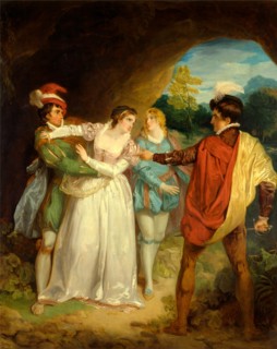 Valentine rescuing Silvia from Proteus, from Shakespeare's "The Two Gentlemen of Verona," Act V,