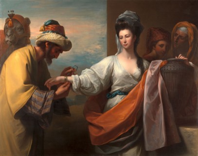 Isaac's servant tying the bracelet on Rebecca's arm Signed and dated in black paint, lower right: