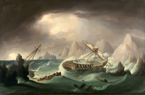 Shipwreck off a Rocky Coast Signed in ochre-colored paint, lower left: "J Buttersworth", Thomas