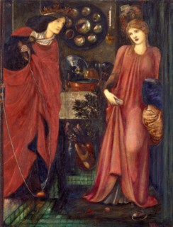 Fair Rosamund and Queen Eleanor Signed and dated, in red paint, lower right: "EBJ | 1861" (initials