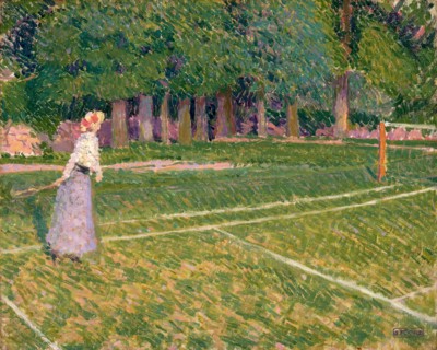 Tennis at Hertingfordbury Signed in purple paint, lower right: "S. F. GORE. [made with stamp]",