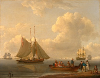 A Wherry Taking Passengers out to Two Anchored Packets Signed and dated in green paint, lower