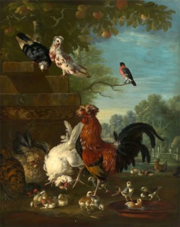 Domestic cock, hens, and chicks in a park Signed and dated, lower left: "PCasteels [P?] | 1730",