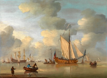 An English Royal Yacht Standing Offshore in a Calm Signed, brown paint, lower left: "P Monamy",