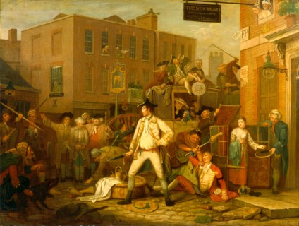 Scene in a London Street The Bath Fly Signed and dated in black paint, lower right: "J. Collet pinx