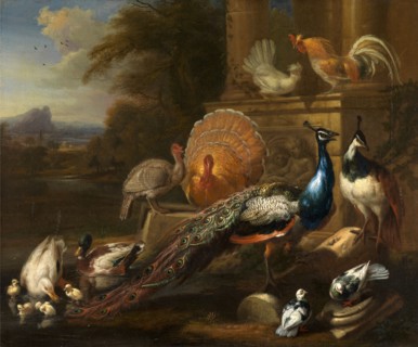 Peacocks, Doves, Turkeys, Chickens and Ducks by a Classical Ruin Signed, lower center: "M. Cra[?]",