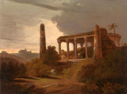 Indian Landscape with Temple Ruins Signed and dated, lower left, on box laying on ground: "DANIELL