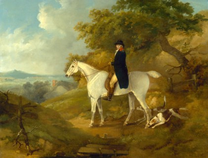 George Morland on his Hunter George Morland on a grey hunter, with a couple of foxhounds Signed and