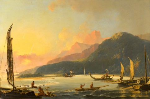 Tahitian War Galleys in Matavai Bay, Tahiti Matavai Bay in the Island of Otaheite, Tahiti Signed