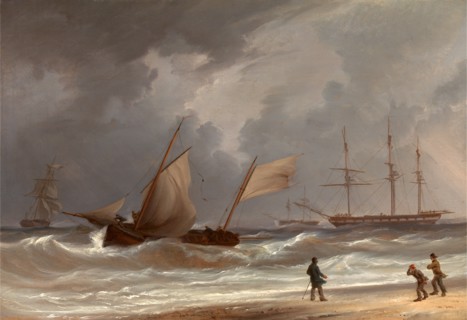 A Lugger Driving Ashore in a Gale Signed, lower right: "W. Joy", William Joy, 1803-1867, British