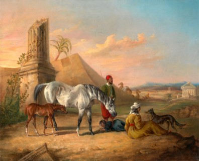 Grey Arabian mare and foal, with a family Grey Arab Mare and Foal with a Peasant Family, George