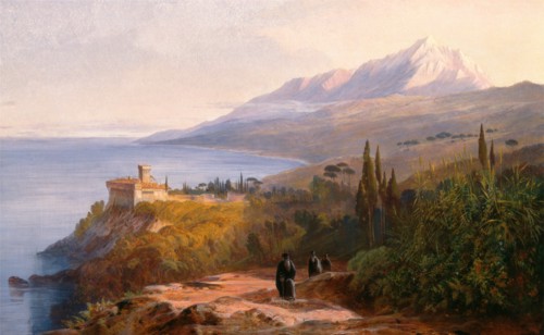 Mount Athos and the Monastery of Stavronikétes Signed in monogram in lower left: "EL", Edward Lear,