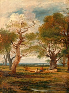 Landscape with Figures Forest Scene with Bark Renders Signed and dated, lower right: "J.L | 1816",