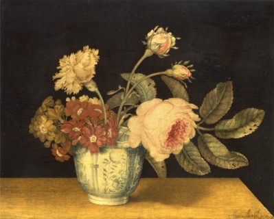 Flowers in a Delft Jar Signed in black paint, lower right: "Alex: Marshal ~", Alexander Marshal,