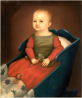 American 19th Century, Baby in Blue Cradle, c. 1840, oil on canvas