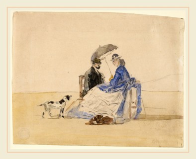 EugÃ¨ne Boudin, A Couple Seated on the Beach with Two Dogs, French, 1824-1898, c. 1865, watercolor