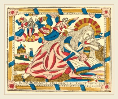 French 19th Century, Saint Mary Magdalene Pray for Us, c. 1820, hand-colored woodcut on laid paper