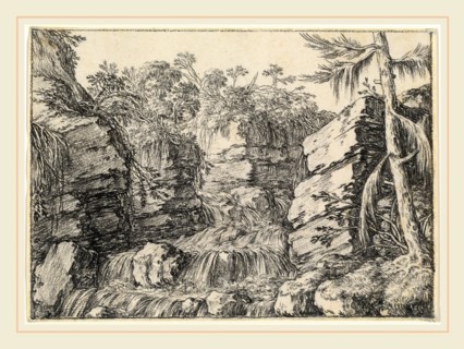 Jonas Umbach, A Waterfall between Rocky Cliffs, German, c. 1624-1693, black chalk on a ledger paper