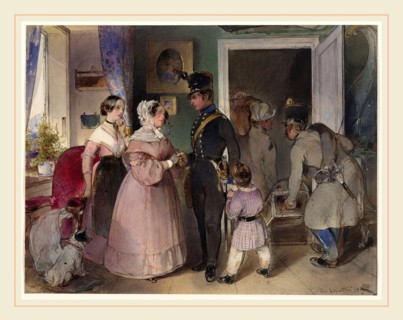 Carl Schindler, German (1821-1842), A Young Officer Saying Farewell to His Family, 1841, watercolor
