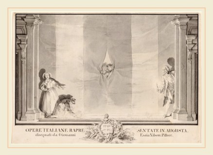 Johann Esaias Nilson, Two Actors Peeking through a Theater Curtain while Others Prepare the