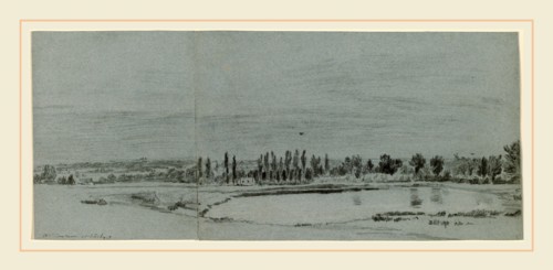William Turner of Oxford, Extensive Landscape with a Pond, British, 1789-1862, charcoal with