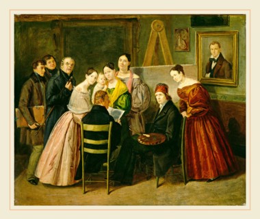 Unknown 19th Century, A Painter and Visitors in a Studio, c. 1835, oil on paper on canvas