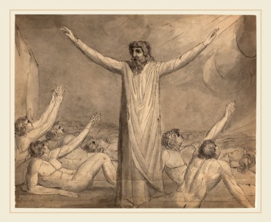 William Blake, British (1757-1827), Moses Staying the Plague (?) [recto], c. 1780-1785, pen and ink