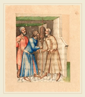 Austrian 15th Century, Eating Sacrificial Lamb, c. 1420-1430, pen and ink with watercolor; fragment