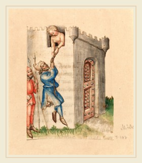 Austrian 15th Century, Woman Suspending Man from Tower, c. 1420-1430, pen and ink with watercolor;