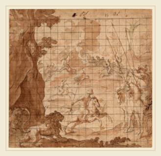 Vicencio Carducho, Italian (1578-1638), The Lion Hunt, black chalk with brown, rose and green wash,