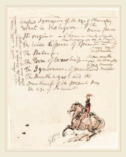 George Cruikshank, British (1792-1878), Sketch of Mounted Hussar, pen and ink with red, blue, and