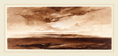 Francis Danby (Irish, 1793-1861), Panorama of the Coast at Sunset, c. 1813, brown wash with white