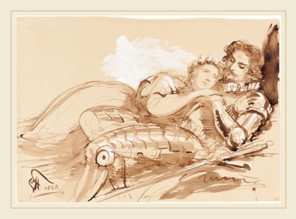 Sir George Hayter, British (1792-1871), A Maiden Embraced by a Knight in Armor, 1838, pen and brown