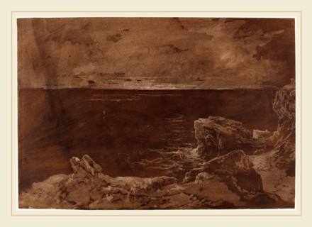 William West or Samuel Jackson, British (1801-1861), A Rocky Coast by Moonlight, late 1820s, brown