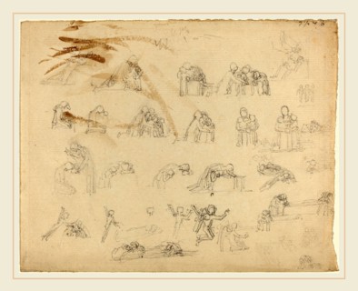 John Flaxman, British (1755-1826), Sheet of Studies, graphite--brown wash uL corner unrelated to