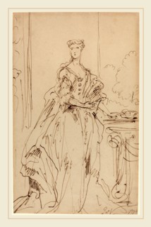 John Vanderbank, British (probably 1694-1739), Portrait of a Standing Lady, 1734, pen and brown ink