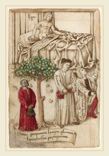 French early 16th century, An Ape in Purple with a Sick Man, a Good Man, and a Miser [fol. 36