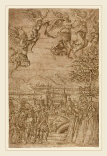 French 17th Century, A King and His Retinue Confronting Ladies under a Celestial Battle, c. 1600,