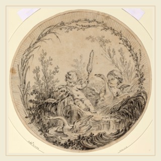 Attributed to Charles Eisen, French (1720-1778), Two Putti Playing with Swans, black chalk on laid