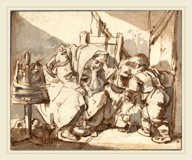 Jean-Baptiste Greuze, French (1725-1805), A Tired Woman with Two Children, 1750-1761, pen and brown
