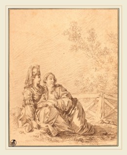 Jean-Baptiste Le Prince, French (1734-1781), Two Russians Seated in Landscape, brown chalk on beige