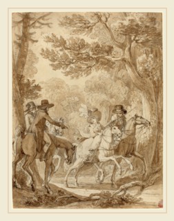 Jean-Michel Moreau, French (1741-1814), Lady and Gentlemen Riding in a Park, brush and brown ink