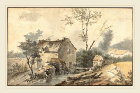 Louis Gabriel Moreau, French (1739-1806), Mill with Bridge and Figures, watercolor over graphite on