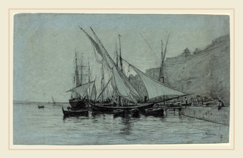 Adolphe Appian, French (1818-1898), The Port of Monaco, 1873, charcoal, black chalk, and gray wash