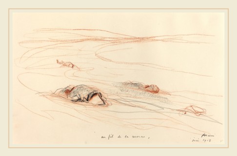 Jean-Louis Forain, Au fil de la marne, French, 1852-1931, 1918, red chalk, black crayon, and
