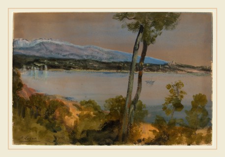 Alphonse Legros, Mountains Seen beyond a Lake, French, 1837-1911, gouache